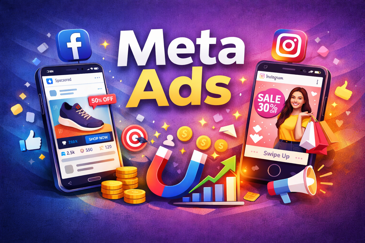 Meta Ads illustration showing Facebook and Instagram advertising reach